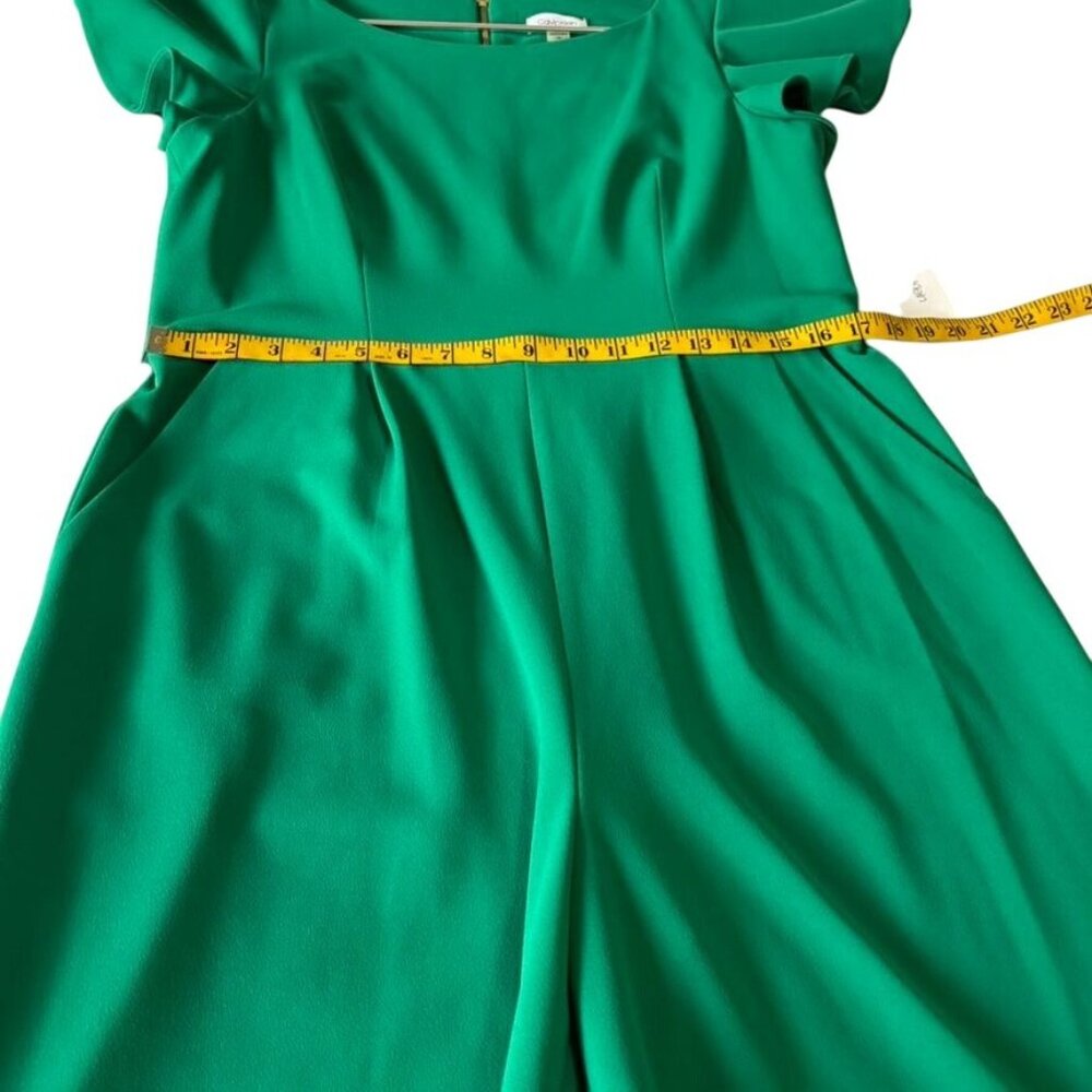 Green Wide-Leg Jumpsuit With Short Flutter Sleeves & Belted Waist Back Zipper - Picture 9 of 13